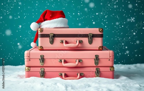 suitcase ready for holiday adventures amidst a snowy backdrop. Ideal for travel brochures, holiday greeting cards, or social media posts celebrating the spirit of the season!banner/web/design/flyer