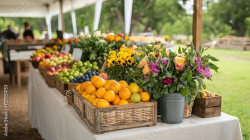 Farmers markets seasonal fruits rustic charm. Vibrant market display of fruits and flowers under a shaded tent.
