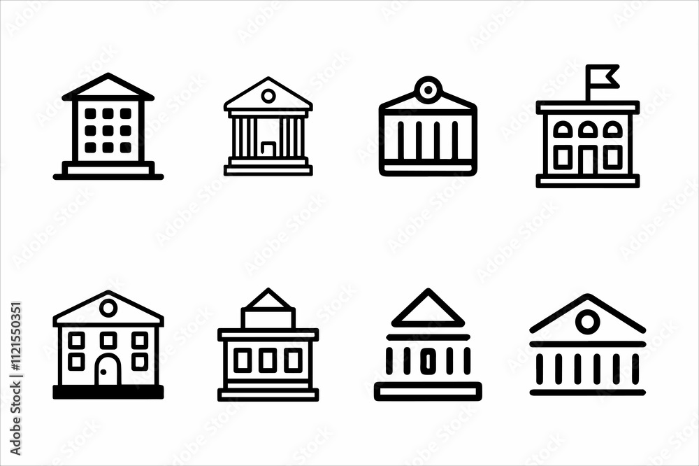 Set of Building icon set in line black flat house Set of Building icon set in line black flat house
