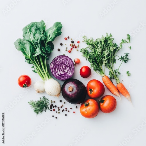Fresh vegetables arrangement with tomatoes, carrots, and cabbage on white background
