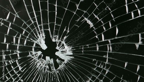 A close-up view of shattered glass with two distinct bullet hole patterns, featuring intricate spiderweb-like cracks spreading across the surface, set against a dark black background. photo