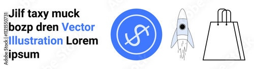 Composition with a dollar sign in a circle, rocket launching, and shopping bag. Ideal for business, e-commerce, finance, start-ups, investment retail technology. Landing page