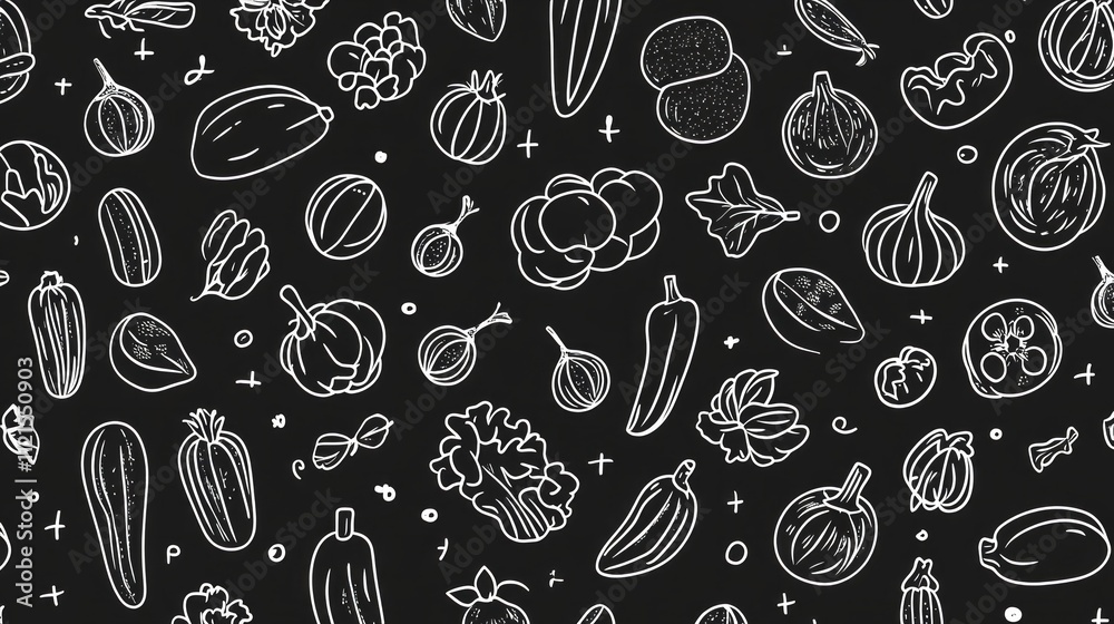 Seamless doodle pattern of various vegetables on black background Seamless doodle pattern of various vegetables on black background