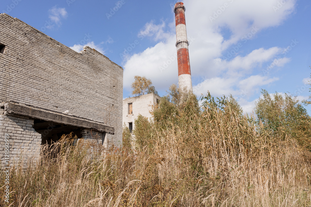 Abandoned Industrial Landscape with a Smokestack Surrounded by Overgrown Vegetation Abandoned Industrial Landscape with a Smokestack Surrounded by Overgrown Vegetation