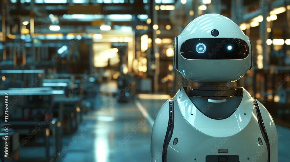 A security robot patrolling a factory floor equipped with 360-degree cameras. A security robot patrolling a factory floor equipped with 360-degree cameras.