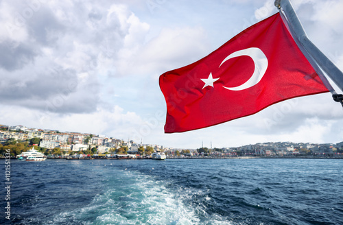 Photography National Turkish flag waving against Bosphorus Sea Bay
