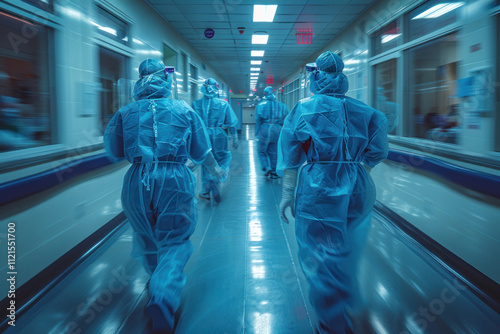 medical workers dressed in protective blue suits walking along the hospital corridor. Their movement seems hasty and purposeful. 