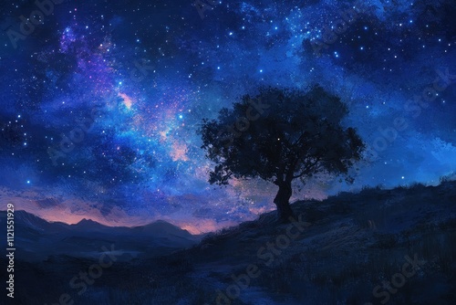 A lone tree silhouetted against a starry night sky with a prominent milky way galaxy