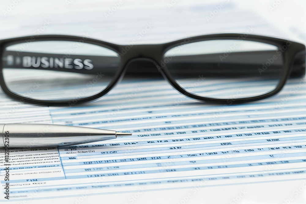 Close-up shot of eyeglasses, pen, and financial documents, suggesting business analysis or planning. Close-up shot of eyeglasses, pen, and financial documents, suggesting business analysis or planning.