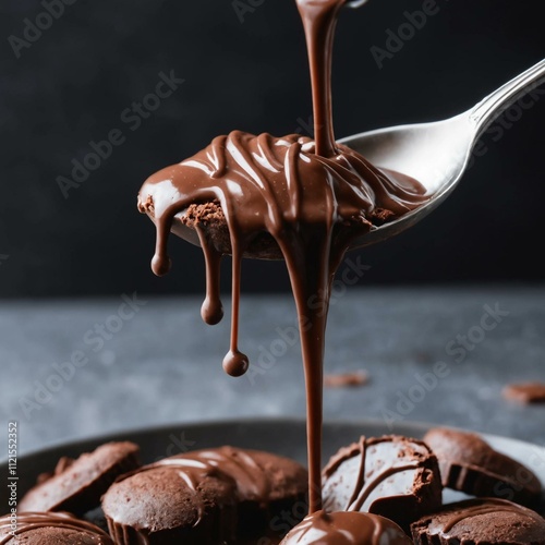 A spoon drizzling rich chocolate, 
