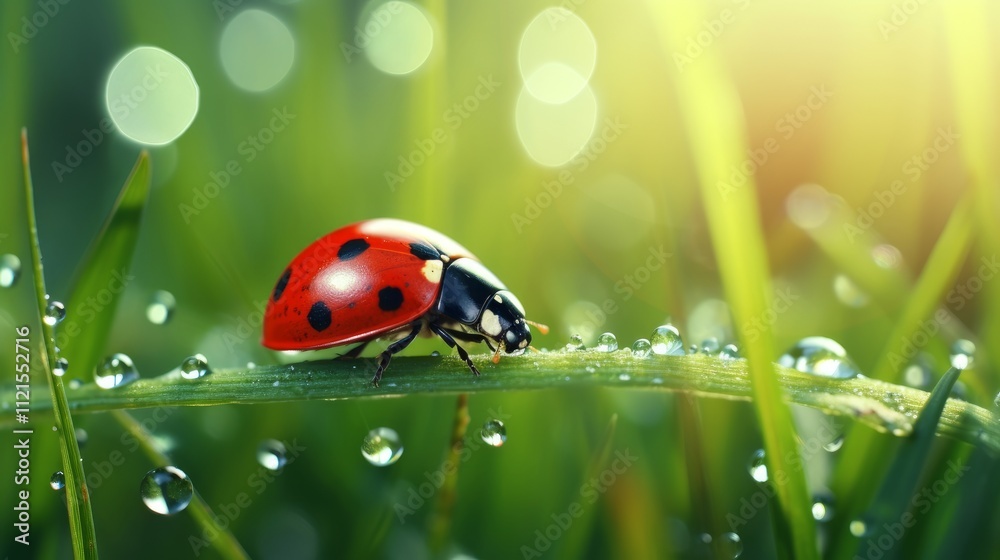 Fototapeta premium Ladybug on the grass, beautiful summer background, dew drops on the grass in the rays of the sun. Banner
