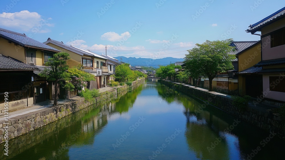 A serene canal scene with traditional buildings and lush greenery under a clear blue sky. A serene canal scene with traditional buildings and lush greenery under a clear blue sky.