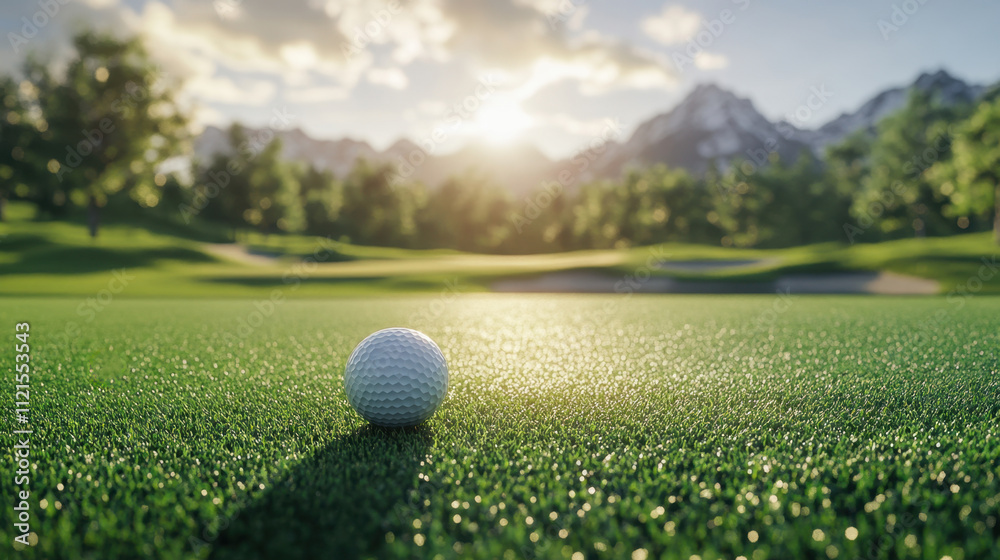 The golf ball is on a green lawn in a beautiful golf course with morning sunshine. The golf ball is on a green lawn in a beautiful golf course with morning sunshine.