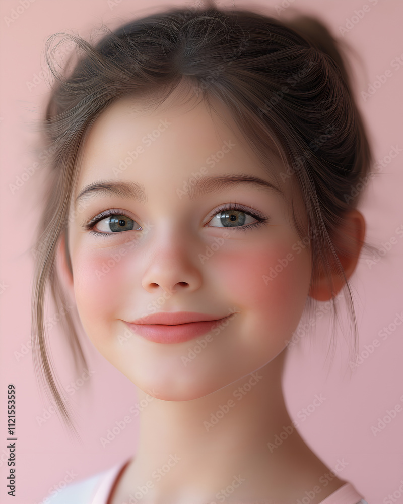 Close up of a girl smiling shyly on a light pink background Close up of a girl smiling shyly on a light pink background