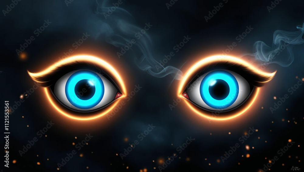The illustration of a shining blue eye, showing a sharp gaze full of mystery, creates an intense and tense aura on a figure that is not completely clear. The illustration of a shining blue eye, showing a sharp gaze full of mystery, creates an intense and tense aura on a figure that is not completely clear.