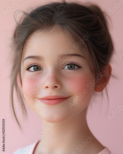 Close up of a girl smiling shyly on a light pink background