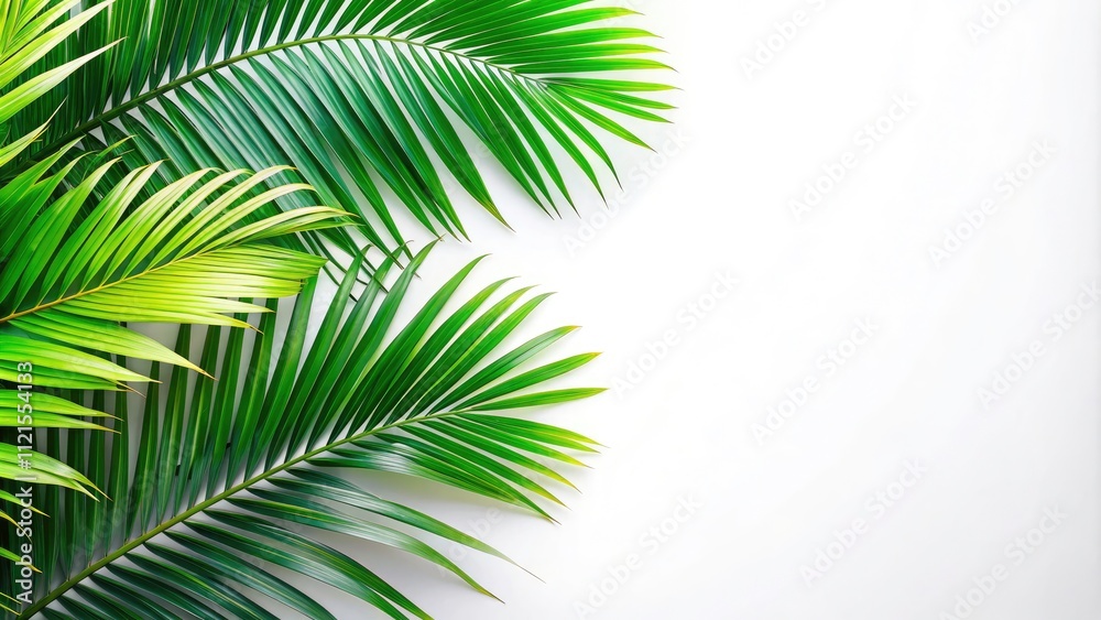 Fototapeta premium Isolated Green Palm Tree Leaves on White Background - Perfect for Tropical Designs, Nature Themes, and Fresh Aesthetic - High-Quality Cut Path Image for Creative Projects