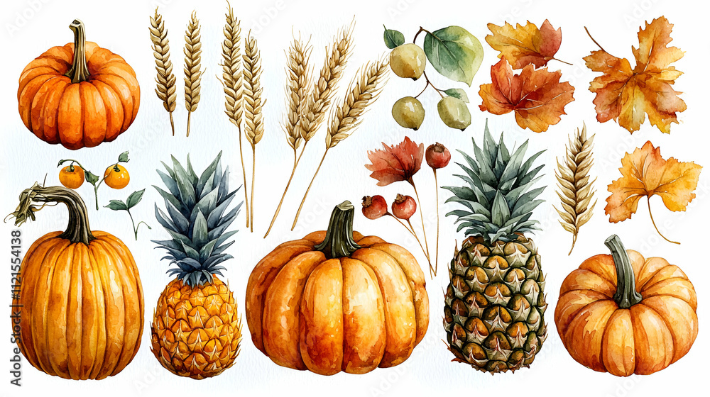 A vibrant collage of pumpkins, pineapples, and autumn leaves, showcasing seasonal fruits and plants in rich colors.