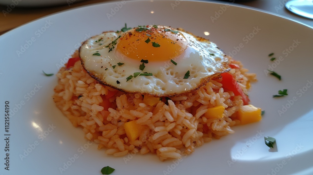 A delicious and colorful serving of American fried rice, topped with a fried egg and surrounded by fresh herbs, placed on a sleek white plate for an appetizing look A delicious and colorful serving of American fried rice, topped with a fried egg and surrounded by fresh herbs, placed on a sleek white plate for an appetizing look