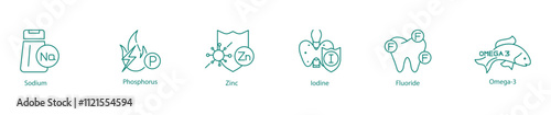 Vital Minerals and Nutrients Icon Set - Sodium, Phosphorus, Zinc, Iodine, Fluoride, and Omega-3 for Balanced Health