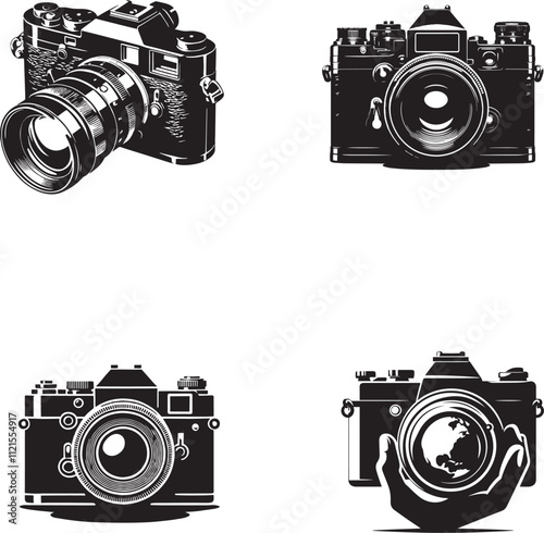 Camera  black and white silhouette assets in vector 
