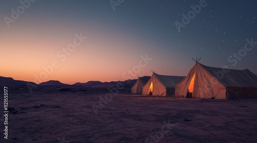 A serene desert scene with tents glowing at dusk under a starry sky.