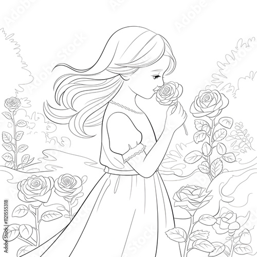 A young girl kissing a rose coloring page illustration 