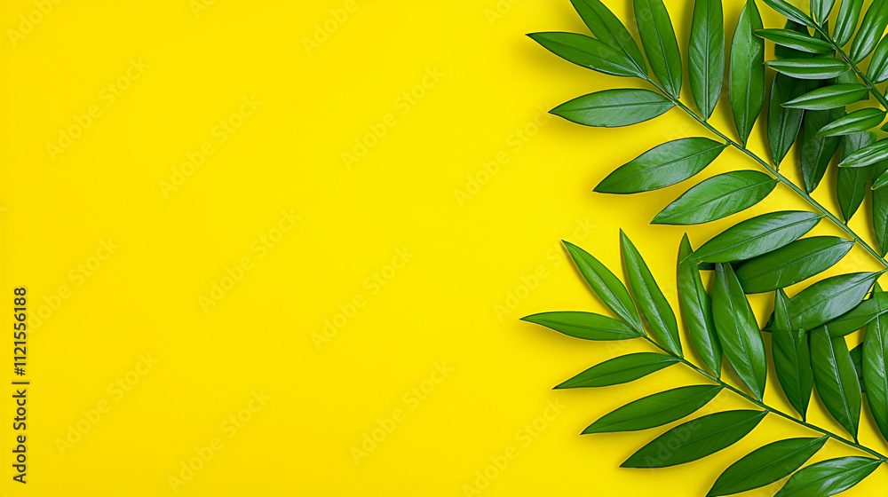 A vibrant yellow background features a lush green leaf arrangement, creating a lively and fresh visual contrast. A vibrant yellow background features a lush green leaf arrangement, creating a lively and fresh visual contrast.