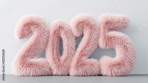 3D text "2025" made of pink fluffy plush