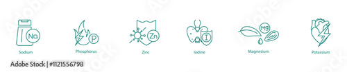 Vital Minerals Icon Set - Sodium, Phosphorus, Zinc, Iodine, Magnesium, and Potassium for Wellness