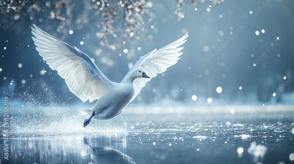 A snow goose gliding over a frozen lake, wings spread wide. A snow goose gliding over a frozen lake, wings spread wide.