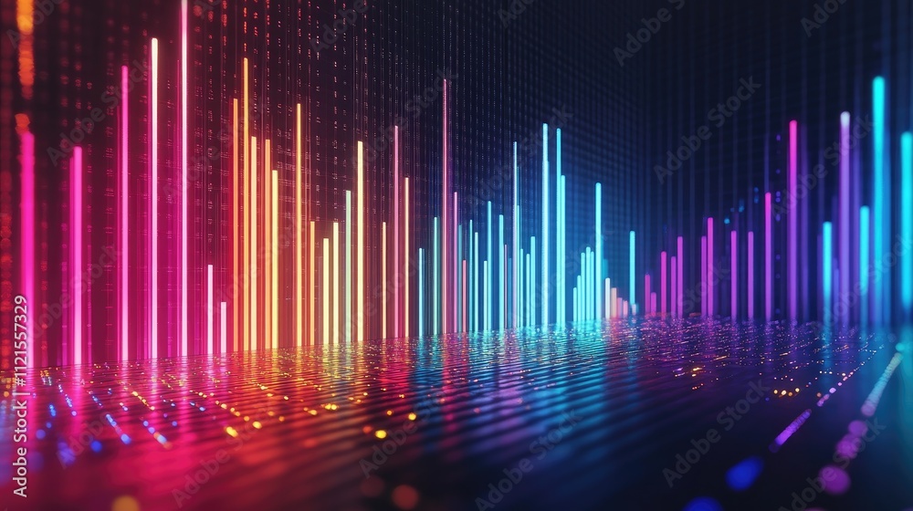 A futuristic 3D bar chart with multicolored bars, each representing a different category, displayed with shadow effects and illuminated in a digital space