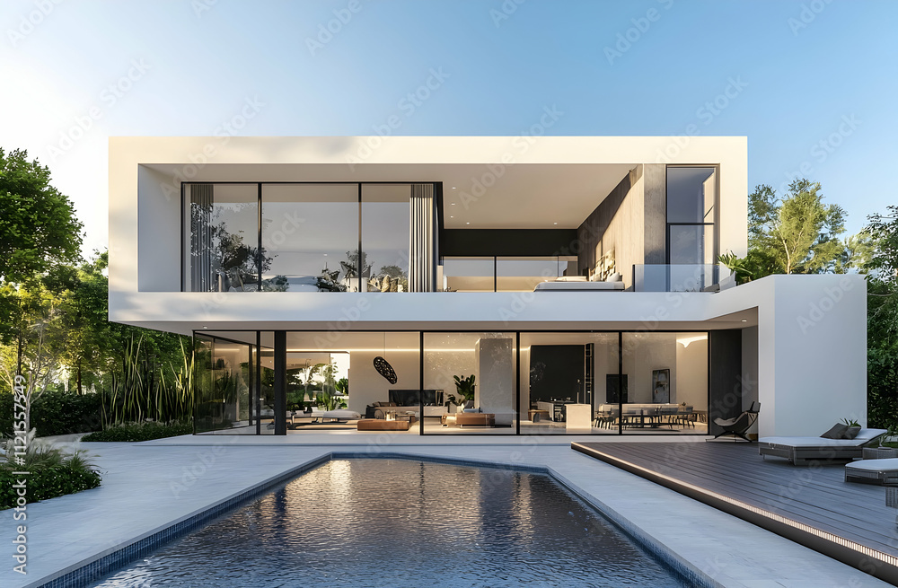 Modern two-story house with a pool and terrace, front view. Large white family home with a black roof. High-resolution, detailed rendering of architecture, Modern two-story house with a pool and terrace, front view. Large white family home with a black roof. High-resolution, detailed rendering of architecture,
