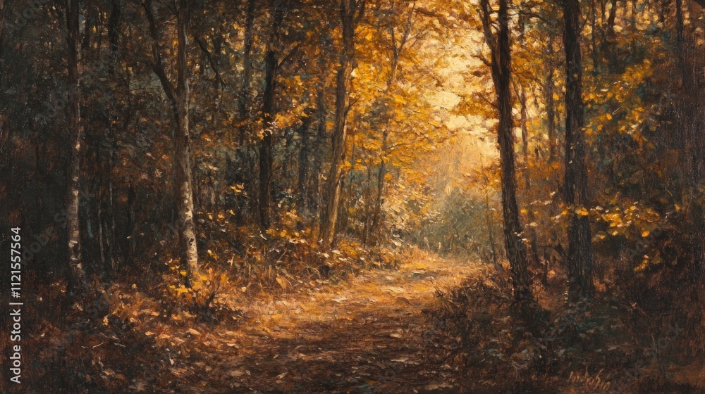 Autumnal forest path, golden light, trees. Autumnal forest path, golden light, trees.
