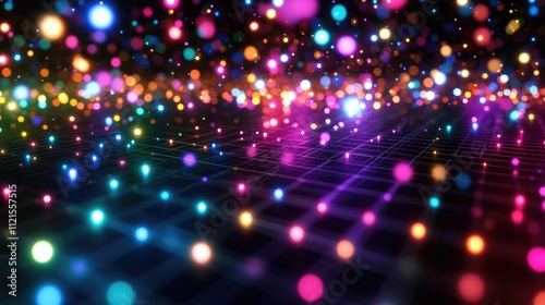 A futuristic 3D scatter plot with floating glowing points in bright colors, set against a sleek dark grid background photo