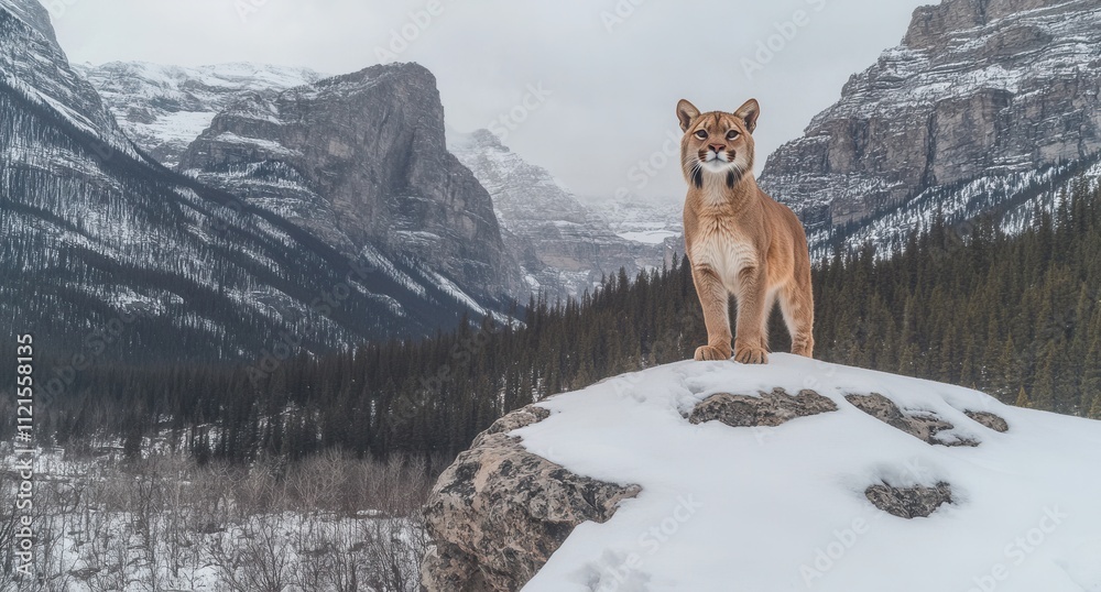 Obraz premium A depiction of a cougar, also known as a mountain lion or puma, set against a backdrop of winter mountains
