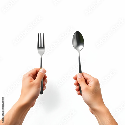 Hands holding fork and spoon isolated on the blank