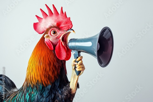Rooster with Megaphone Funny Farm Animal Announcement Colorful Bird Advertising