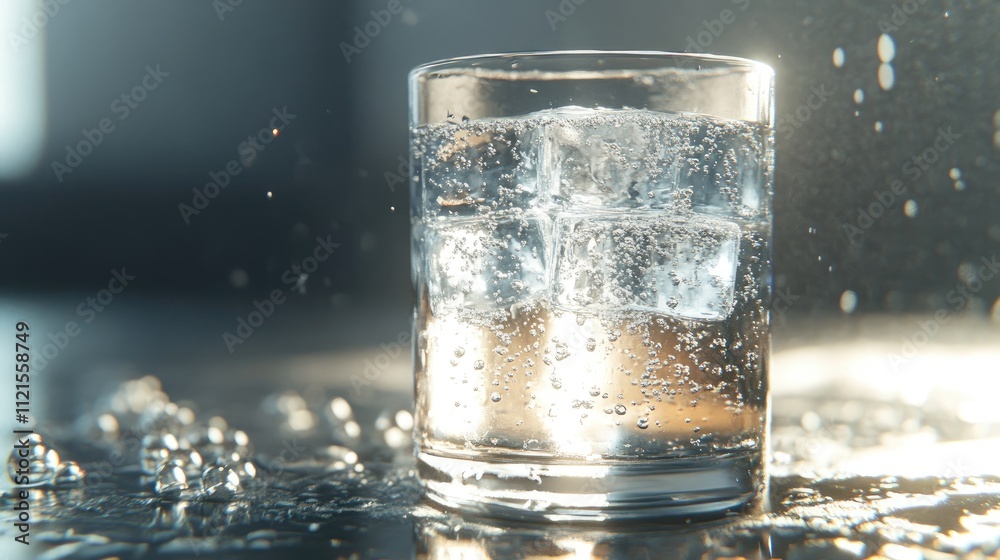 A glass of soda with ice cubes, the fizz rising, creating a refreshing and cool ambiance, set on a textured surface with soft natural lighting A glass of soda with ice cubes, the fizz rising, creating a refreshing and cool ambiance, set on a textured surface with soft natural lighting