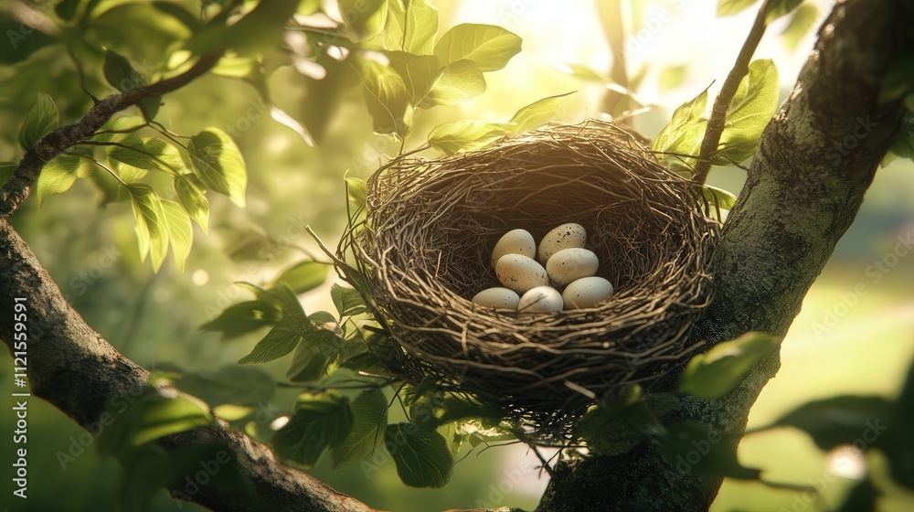 A 4K image of a birdas nest perched on a strong tree branch, surrounded by lush green leaves. The sunlight filters through the branches A 4K image of a birdas nest perched on a strong tree branch, surrounded by lush green leaves. The sunlight filters through the branches