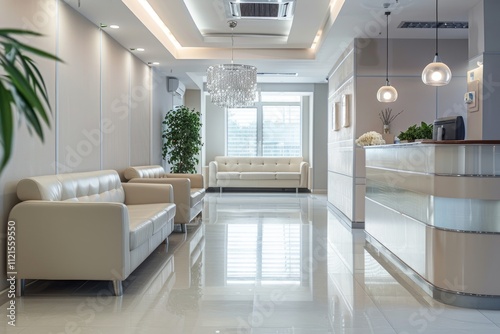 The interior of the reception of a modern office or medical center, an empty bright corridor. 