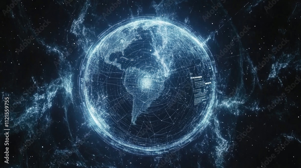 A glowing wireframe globe surrounded by rotating data graphs and charts in a futuristic digital theme with deep blue tones A glowing wireframe globe surrounded by rotating data graphs and charts in a futuristic digital theme with deep blue tones