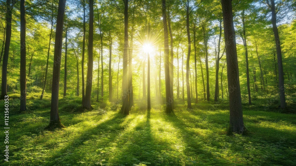 Obraz premium A serene forest scene with sunlight filtering through lush green trees, casting long shadows.