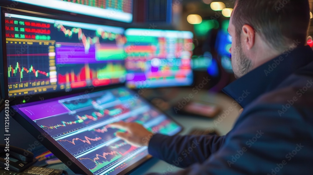 Analyzing market trends a trader working with advanced charting tools in a modern trading environment