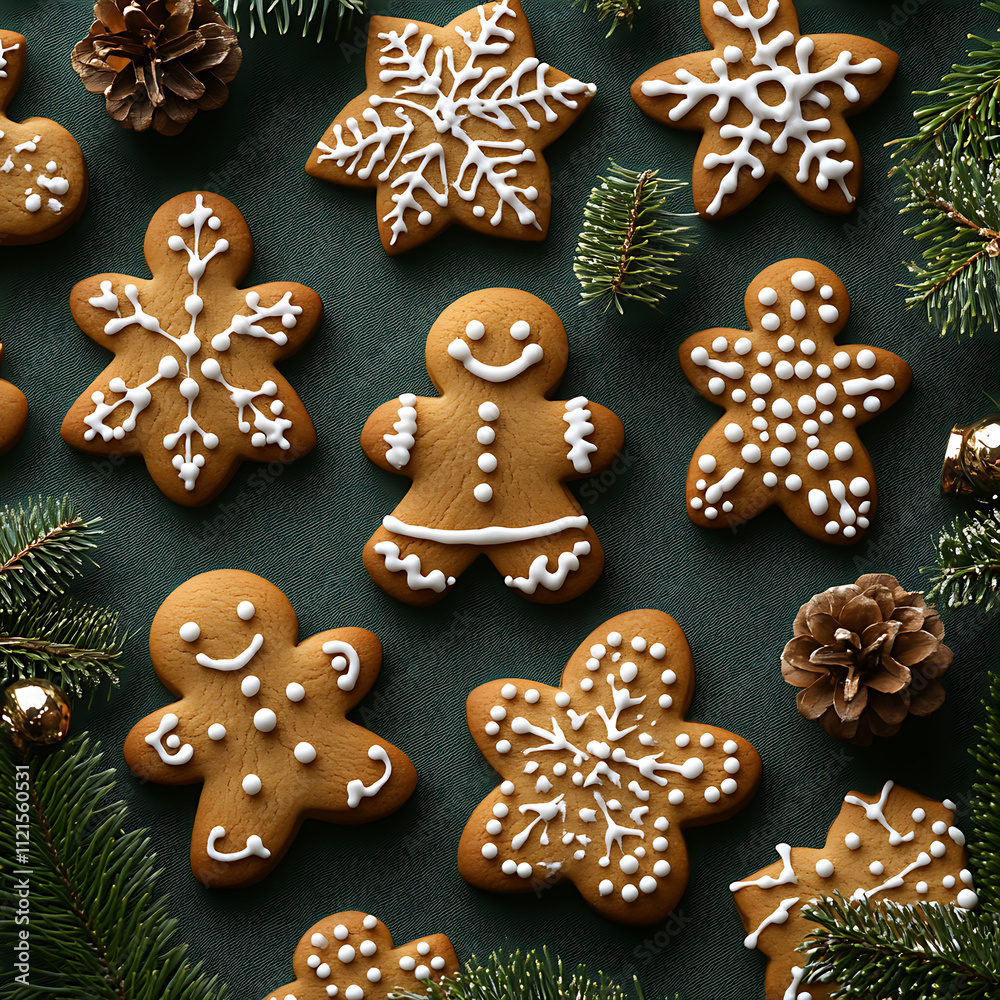 Festive Close-Up of Gingerbread Cookies on Dark Green Background Surrounded by Pine Branches and Holiday Decorations for Seasonal Celebrations