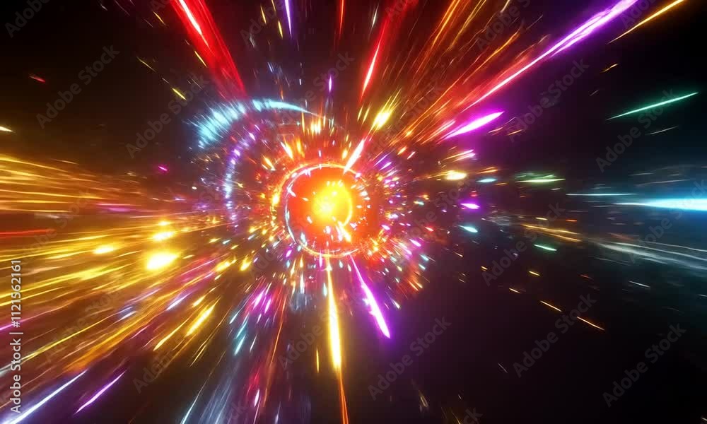 A vibrant cosmic tunnel of light and color, suggesting movement through space or time.