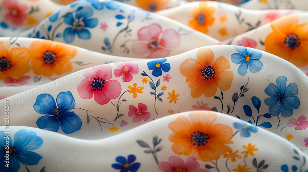 A close-up of beautifully patterned fabric featuring colorful floral designs in vibrant hues of blue, pink, and orange, creating a soft, wavy texture. A close-up of beautifully patterned fabric featuring colorful floral designs in vibrant hues of blue, pink, and orange, creating a soft, wavy texture.