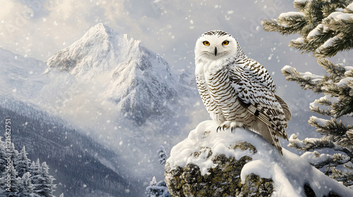 A snowy owl perched high in a pine tree, overlooking a snow-covered landscape.