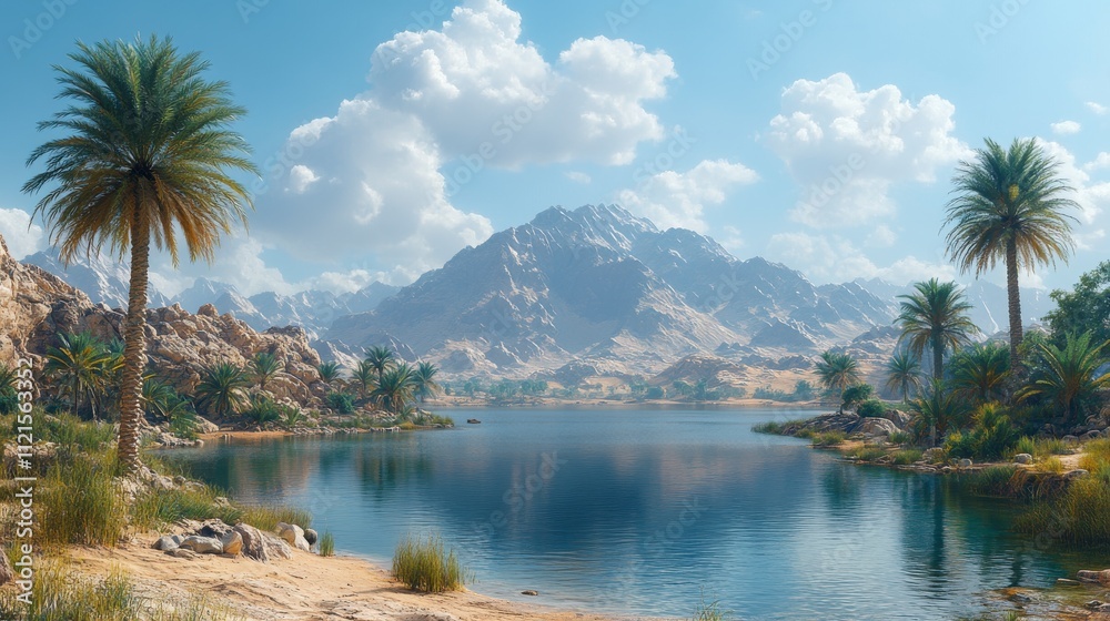 Serene Desert Oasis with Majestic Mountains and a Tranquil Lake Serene Desert Oasis with Majestic Mountains and a Tranquil Lake