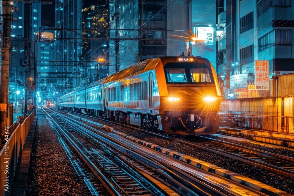 Nighttime train arrival urban cityscape transportation photography neon lights low angle modern travel concept Nighttime train arrival urban cityscape transportation photography neon lights low angle modern travel concept